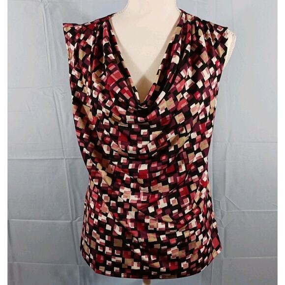 Mandy Evans Tank Top Large Pink Black Tan Geometric Sleeveless Cowl Drop Neck - Picture 1 of 8